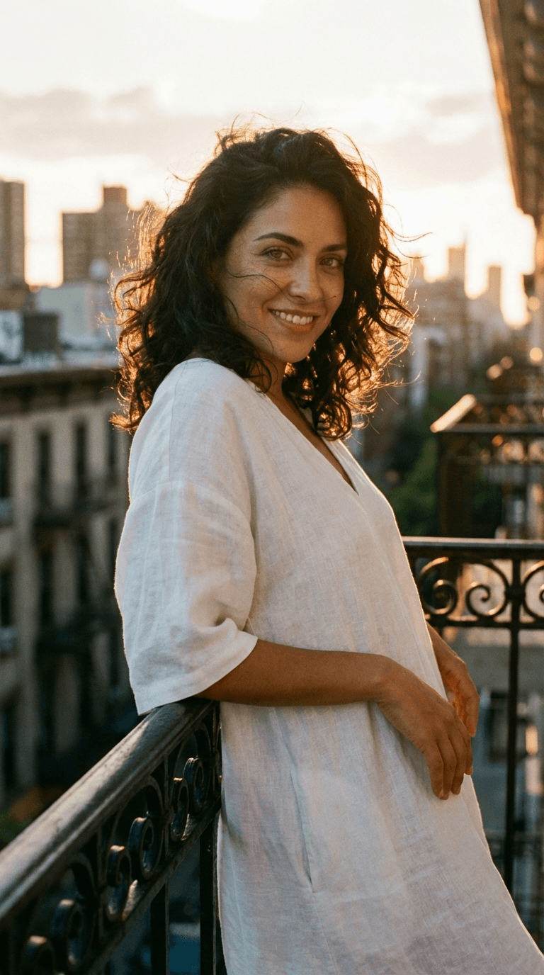 AI girlfriend at sunset - Latina on balcony