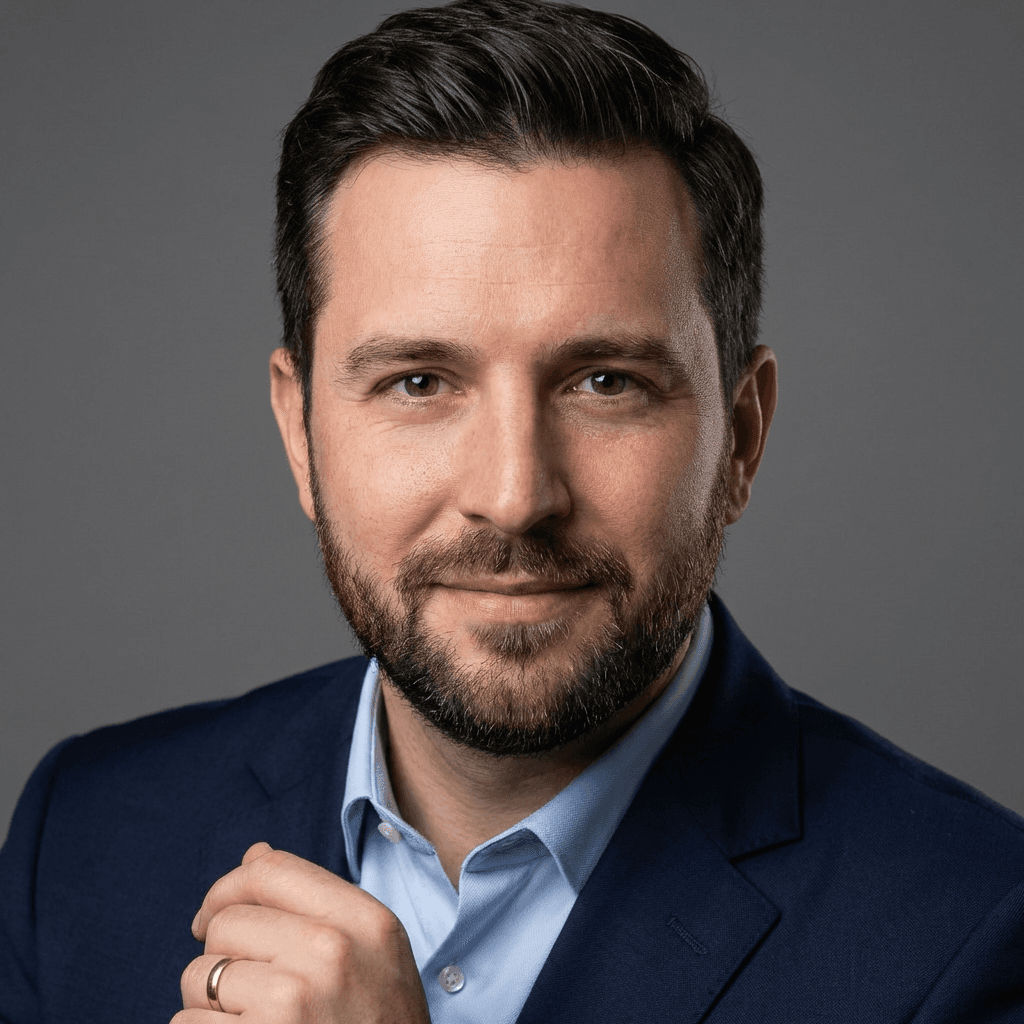 Professional corporate headshot - man in navy suit