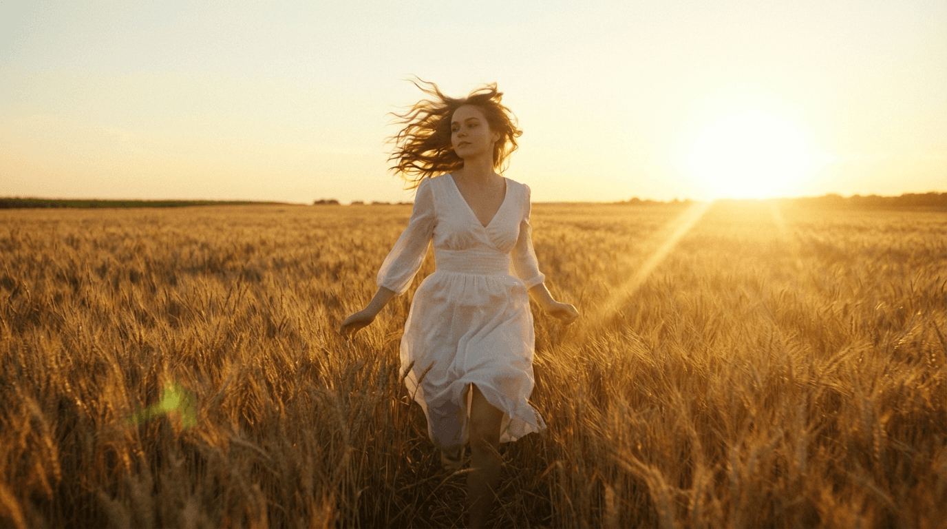 AI generated cinematic video frame - woman in wheat field