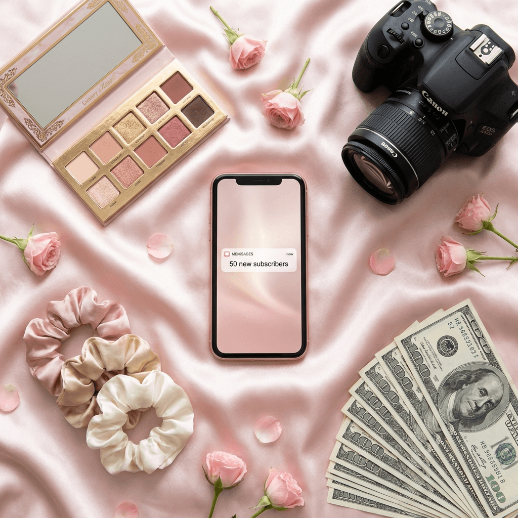 Content creator flatlay with phone and accessories