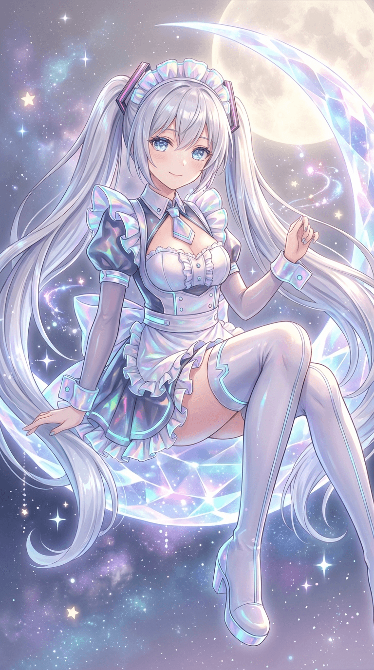 AI anime girl with silver twin tails on crescent moon